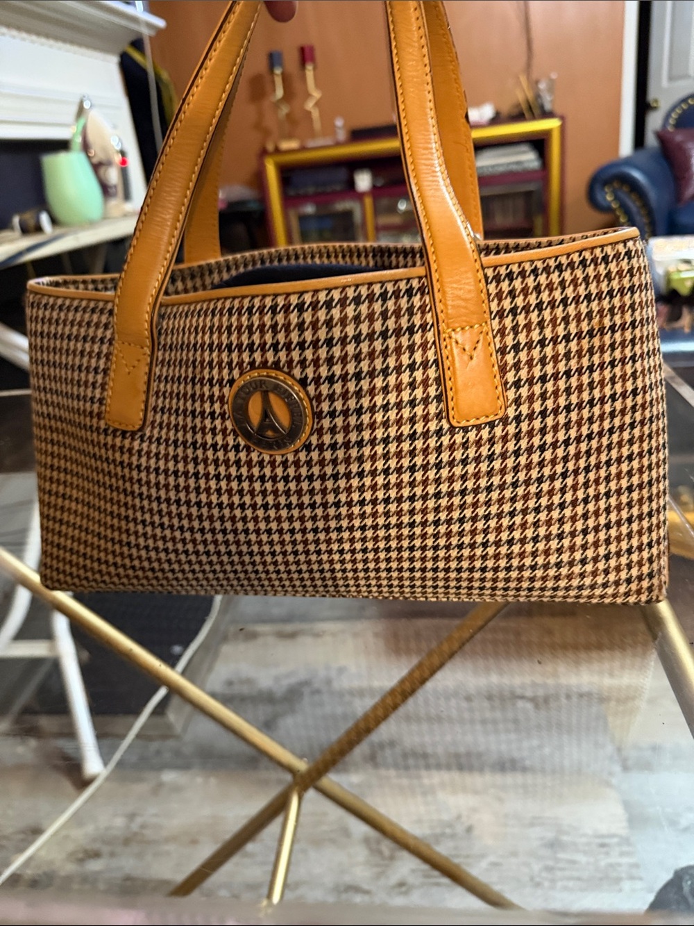 La Tour Eiffel Houndstooth Tote Bag with Mustard Leather Trim